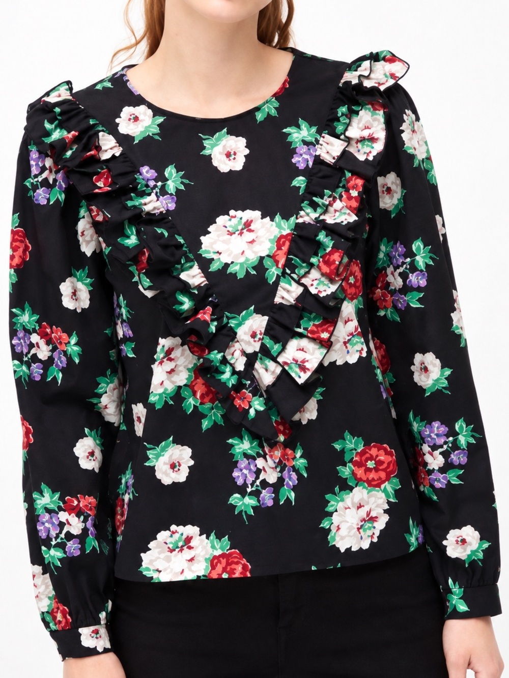 NWT Zara Black Floral Ruffle Long-Sleeve Top size XS